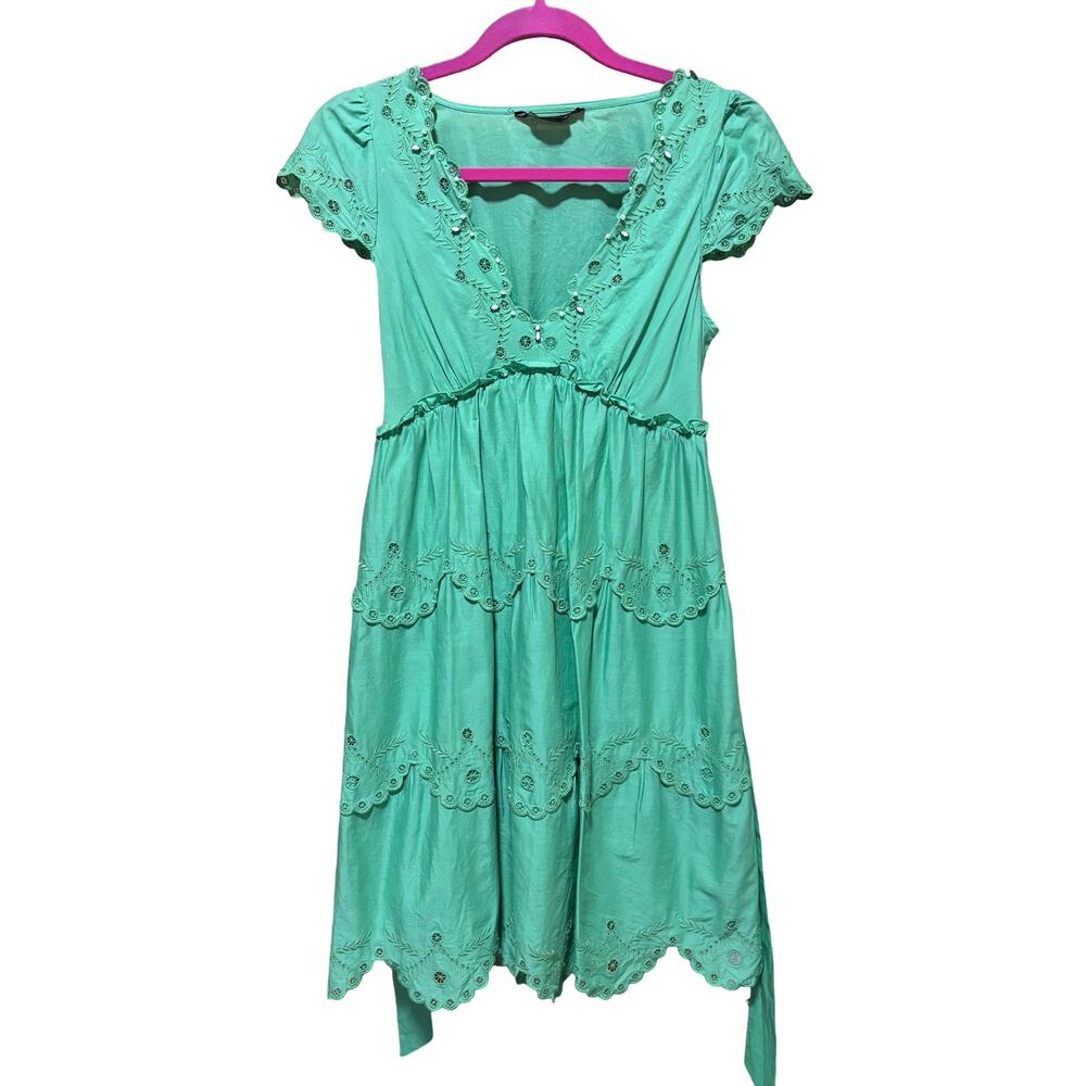 BCBGMaxAzria Green Eyelet Cotton Dress | Boho Mini Size 2